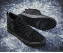 Tênis de lona de cano alto masculino deslizamento-on rendas casuais all-preto sapatos de skate básicos para estudantes sola plana sapatos esportivos confortáveis