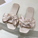 Nova moda cetim chinelos de casamento luxo feminino peep toe quarto sandálias casa sapatos de noiva dama de honra com arco de seda