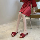 Nova moda cetim chinelos de casamento luxo feminino peep toe quarto sandálias casa sapatos de noiva dama de honra com arco de seda