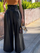 Calças Femininas Atacado: Calças de Couro PU Pretas de Cintura Alta com Perna Larga para Mulheres - Moda Casual Solta Estilo Streetwear
