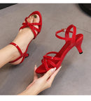 Sandálias de salto alto Peep Toe para mulheres, corrediças sensuais para festas de boate, sapatos cruzados, saltos finos, cor doce, tamanho grande 43, verão