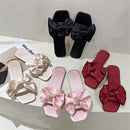 Nova moda cetim chinelos de casamento luxo feminino peep toe quarto sandálias casa sapatos de noiva dama de honra com arco de seda