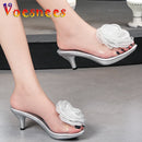 Tridimensional flores chinelos verão sandálias transparentes sapatos de praia finos saltos altos caminhada mostrar cristal festa sapatos femininos
