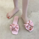 Nova moda cetim chinelos de casamento luxo feminino peep toe quarto sandálias casa sapatos de noiva dama de honra com arco de seda