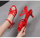 Sandália feminina confortável couro de patente 6cm verão estudante sapatos moda estilo simples fivela cinta festa fina saltos altos tamanho 43