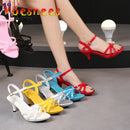 Sandálias de salto alto Peep Toe para mulheres, corrediças sensuais para festas de boate, sapatos cruzados, saltos finos, cor doce, tamanho grande 43, verão