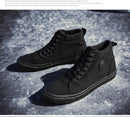 Tênis de lona de cano alto masculino deslizamento-on rendas casuais all-preto sapatos de skate básicos para estudantes sola plana sapatos esportivos confortáveis