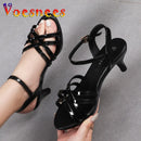 Sandália feminina confortável couro de patente 6cm verão estudante sapatos moda estilo simples fivela cinta festa fina saltos altos tamanho 43