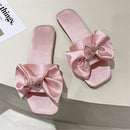 Nova moda cetim chinelos de casamento luxo feminino peep toe quarto sandálias casa sapatos de noiva dama de honra com arco de seda