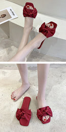 Nova moda cetim chinelos de casamento luxo feminino peep toe quarto sandálias casa sapatos de noiva dama de honra com arco de seda