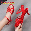 Sandália feminina confortável couro de patente 6cm verão estudante sapatos moda estilo simples fivela cinta festa fina saltos altos tamanho 43