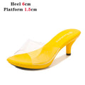 2021 mulheres chinelos mule saltos claros chinelos de couro patente sandálias sexy saltos de cristal apontou toe slides sapatos de festa mulher