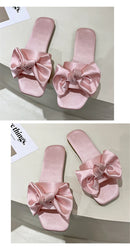 Nova moda cetim chinelos de casamento luxo feminino peep toe quarto sandálias casa sapatos de noiva dama de honra com arco de seda