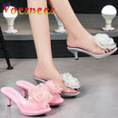 Tridimensional flores chinelos verão sandálias transparentes sapatos de praia finos saltos altos caminhada mostrar cristal festa sapatos femininos