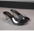 2021 mulheres chinelos mule saltos claros chinelos de couro patente sandálias sexy saltos de cristal apontou toe slides sapatos de festa mulher