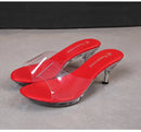 2021 mulheres chinelos mule saltos claros chinelos de couro patente sandálias sexy saltos de cristal apontou toe slides sapatos de festa mulher