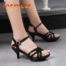 Sandália feminina confortável couro de patente 6cm verão estudante sapatos moda estilo simples fivela cinta festa fina saltos altos tamanho 43