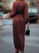 Cross-Border Amazon Women's New Slit Dress Spring and Summer Lantern Sleeve Asymmetrical Long-Sleeved Satin Dress