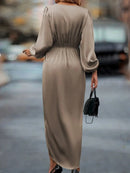 Cross-Border Amazon Women's New Slit Dress Spring and Summer Lantern Sleeve Asymmetrical Long-Sleeved Satin Dress