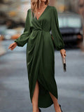 Cross-Border Amazon Women's New Slit Dress Spring and Summer Lantern Sleeve Asymmetrical Long-Sleeved Satin Dress