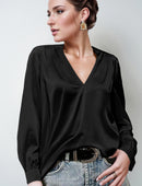 2026 Amazon Hot-Selling Women's Clothing Satin Pleated Long-Sleeve Top V-Neck Casual Loose Satin Commuter Shirt