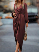 Cross-Border Amazon Women's New Slit Dress Spring and Summer Lantern Sleeve Asymmetrical Long-Sleeved Satin Dress