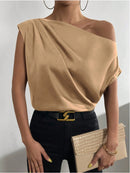 2026 Spring Solid Color Satin Imitation Silk Irregular Off-Shoulder One-Neck Pullover Sleeveless Shirt for Women European and American Fashion
