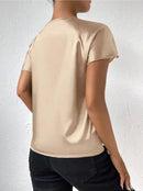 2026 European and American Foreign Trade Cross-Border Supply Summer Satin Short-Sleeve Top with Satin Twist, Solid Color, Loose Fit, Versatile Women's Top