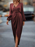 Cross-Border Amazon Women's New Slit Dress Spring and Summer Lantern Sleeve Asymmetrical Long-Sleeved Satin Dress
