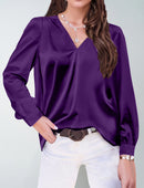 2026 Amazon Hot-Selling Women's Clothing Satin Pleated Long-Sleeve Top V-Neck Casual Loose Satin Commuter Shirt