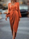 Cross-Border Amazon Women's New Slit Dress Spring and Summer Lantern Sleeve Asymmetrical Long-Sleeved Satin Dress