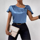 2026 European and American Foreign Trade Cross-Border Supply Summer Satin Short-Sleeve Top with Satin Twist, Solid Color, Loose Fit, Versatile Women's Top