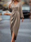 Cross-Border Amazon Women's New Slit Dress Spring and Summer Lantern Sleeve Asymmetrical Long-Sleeved Satin Dress