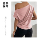 2026 Spring Solid Color Satin Imitation Silk Irregular Off-Shoulder One-Neck Pullover Sleeveless Shirt for Women European and American Fashion