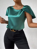 2026 European and American Foreign Trade Cross-Border Supply Summer Satin Short-Sleeve Top with Satin Twist, Solid Color, Loose Fit, Versatile Women's Top