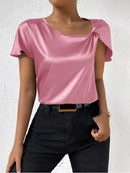 2026 European and American Foreign Trade Cross-Border Supply Summer Satin Short-Sleeve Top with Satin Twist, Solid Color, Loose Fit, Versatile Women's Top