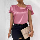 2026 European and American Foreign Trade Cross-Border Supply Summer Satin Short-Sleeve Top with Satin Twist, Solid Color, Loose Fit, Versatile Women's Top