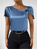 2026 European and American Foreign Trade Cross-Border Supply Summer Satin Short-Sleeve Top with Satin Twist, Solid Color, Loose Fit, Versatile Women's Top
