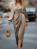 Cross-Border Amazon Women's New Slit Dress Spring and Summer Lantern Sleeve Asymmetrical Long-Sleeved Satin Dress