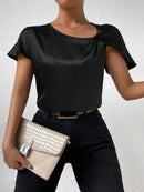 2026 European and American Foreign Trade Cross-Border Supply Summer Satin Short-Sleeve Top with Satin Twist, Solid Color, Loose Fit, Versatile Women's Top