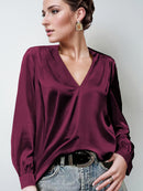 2026 Amazon Hot-Selling Women's Clothing Satin Pleated Long-Sleeve Top V-Neck Casual Loose Satin Commuter Shirt