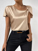 2026 European and American Foreign Trade Cross-Border Supply Summer Satin Short-Sleeve Top with Satin Twist, Solid Color, Loose Fit, Versatile Women's Top
