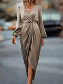 Cross-Border Amazon Women's New Slit Dress Spring and Summer Lantern Sleeve Asymmetrical Long-Sleeved Satin Dress