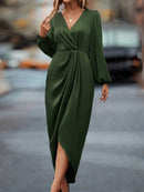 Cross-Border Amazon Women's New Slit Dress Spring and Summer Lantern Sleeve Asymmetrical Long-Sleeved Satin Dress