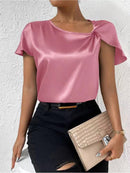 2026 European and American Foreign Trade Cross-Border Supply Summer Satin Short-Sleeve Top with Satin Twist, Solid Color, Loose Fit, Versatile Women's Top