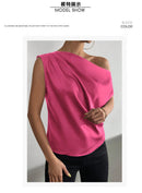 2026 Spring Solid Color Satin Imitation Silk Irregular Off-Shoulder One-Neck Pullover Sleeveless Shirt for Women European and American Fashion