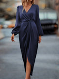 Cross-Border Amazon Women's New Slit Dress Spring and Summer Lantern Sleeve Asymmetrical Long-Sleeved Satin Dress