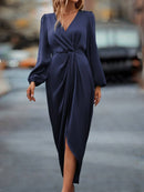 Cross-Border Amazon Women's New Slit Dress Spring and Summer Lantern Sleeve Asymmetrical Long-Sleeved Satin Dress