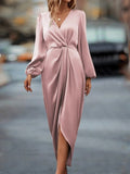 Cross-Border Amazon Women's New Slit Dress Spring and Summer Lantern Sleeve Asymmetrical Long-Sleeved Satin Dress