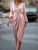 Cross-Border Amazon Women's New Slit Dress Spring and Summer Lantern Sleeve Asymmetrical Long-Sleeved Satin Dress